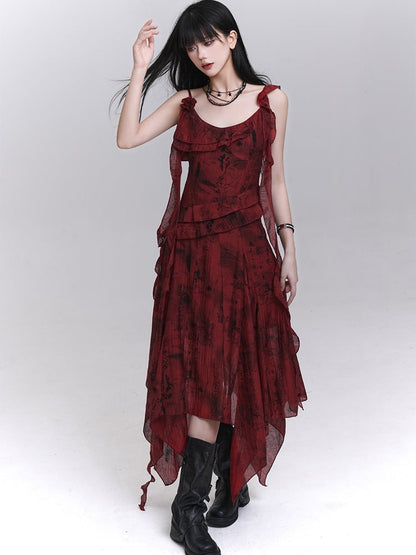 Red Cascading Ruffles Handkerchief Hem Sleeveless Dress