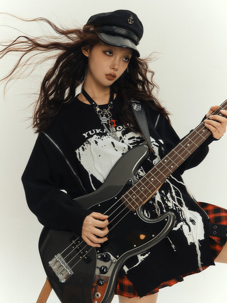 Black Punk Rock Zips Design Loose Round Neck Sweater