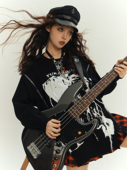 Black Punk Rock Zips Design Loose Round Neck Sweater