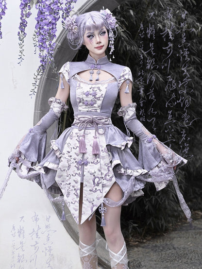 Purple Cheongsam Collar Short Sleeves Top Tassel Charm Decorated