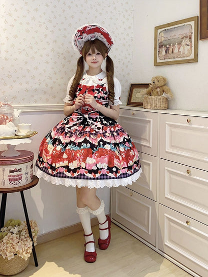 Strawberry and Dessert Print Black Sweet Lolita Dress