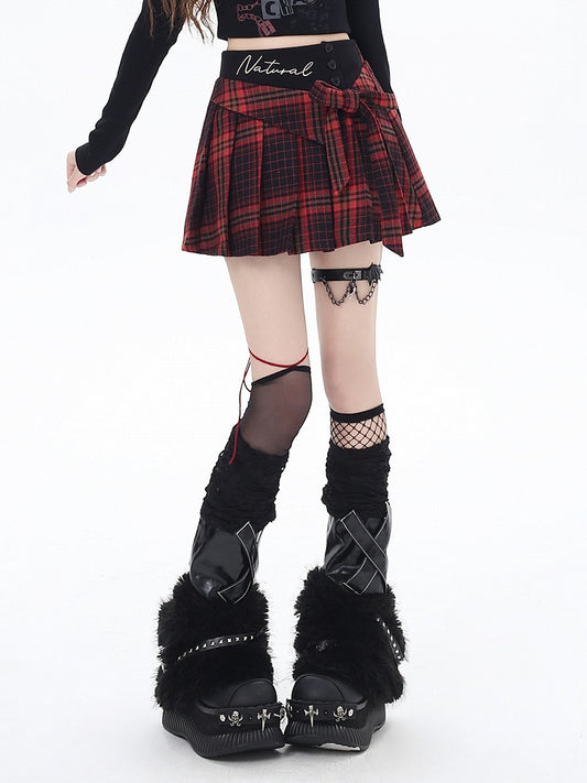 Red Plaid High Waist Bowknot Glamorous Mini Pleated Skirt