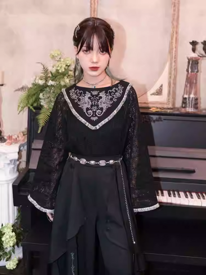 Seahorse and Coral Embroidery Tassel Hem Black Cheongsam Style Hollow-out Lace Top