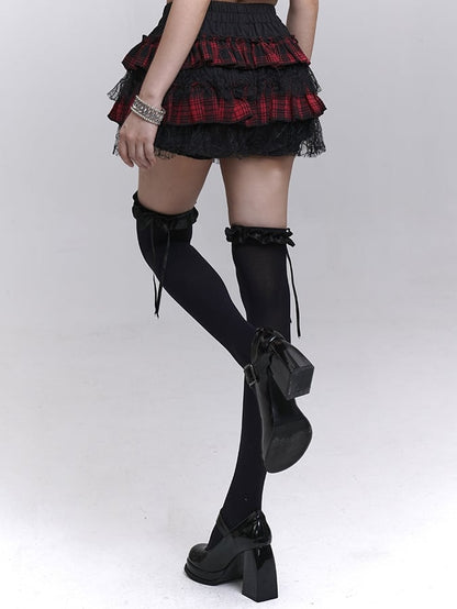 Red and Black Plaid Elastic Waist Lace Trim Mini Tiered Skirt Bloomers Lining