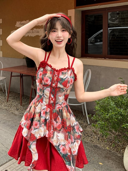 Red Rosette Print Cascading Ruffles Lace-up Front Cami Dress