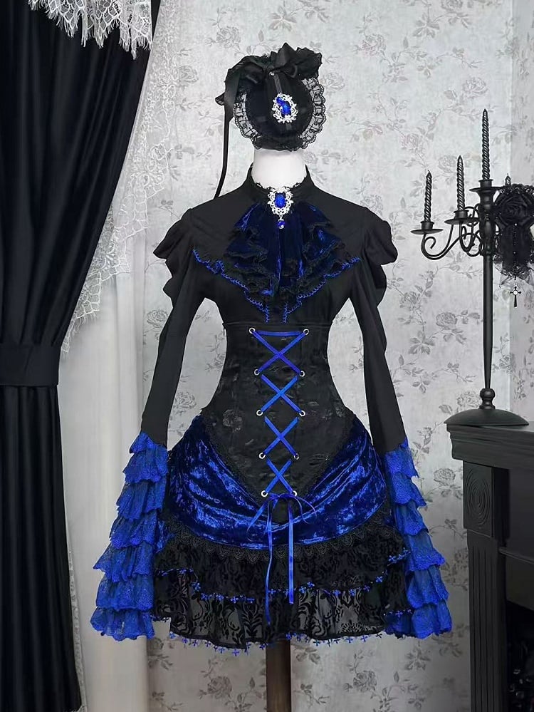 Black and Klein Blue Layered Bell Sleeves Gothic Lolita Shirt