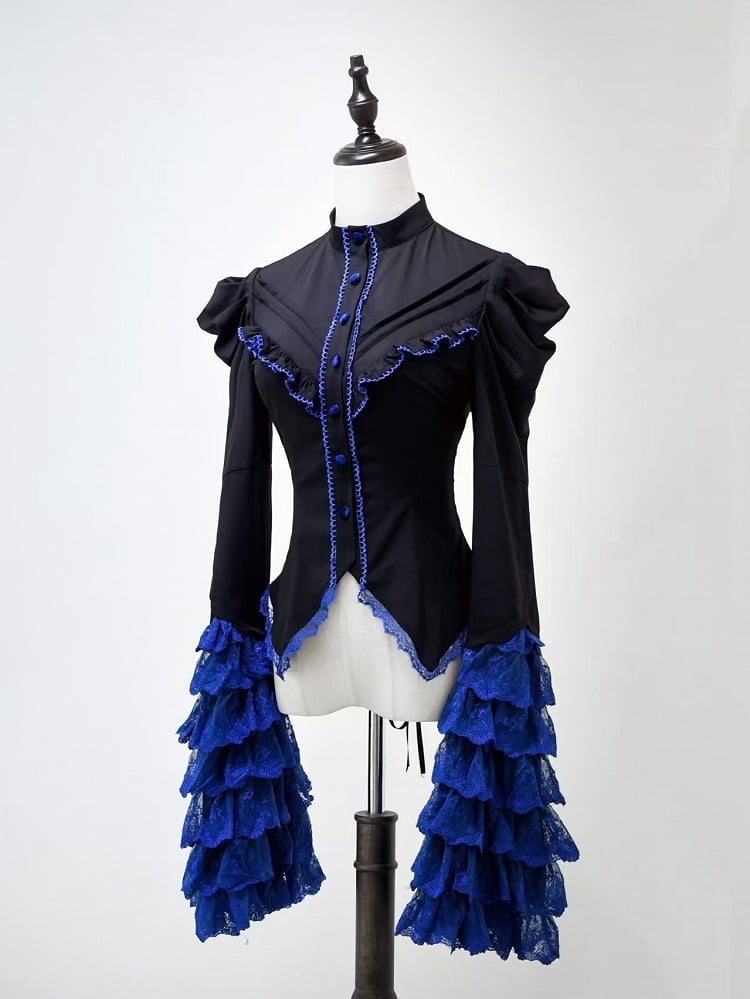 Black and Klein Blue Layered Bell Sleeves Gothic Lolita Shirt