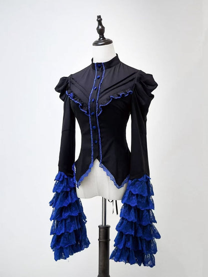 Black and Klein Blue Layered Bell Sleeves Gothic Lolita Shirt