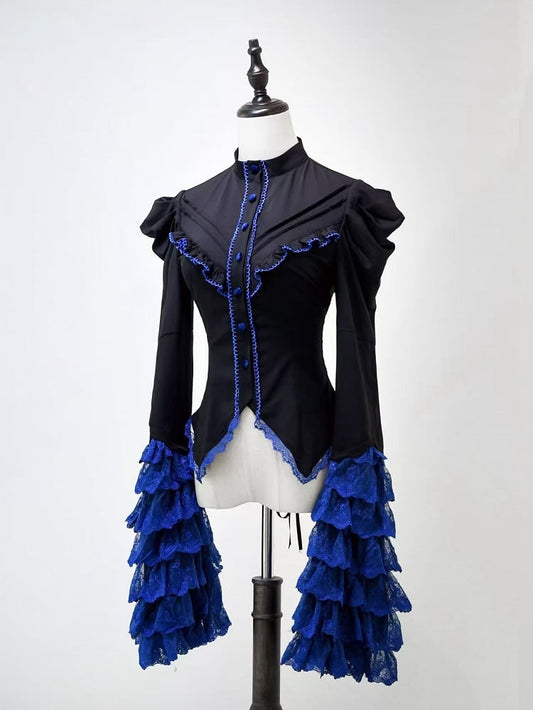 Black and Klein Blue Layered Bell Sleeves Gothic Lolita Shirt