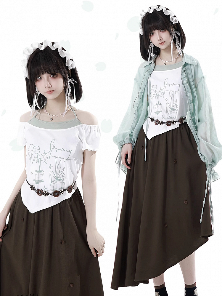 Off-the-shoulder Neckline White Graphic T-shirt Faux Two-pieces