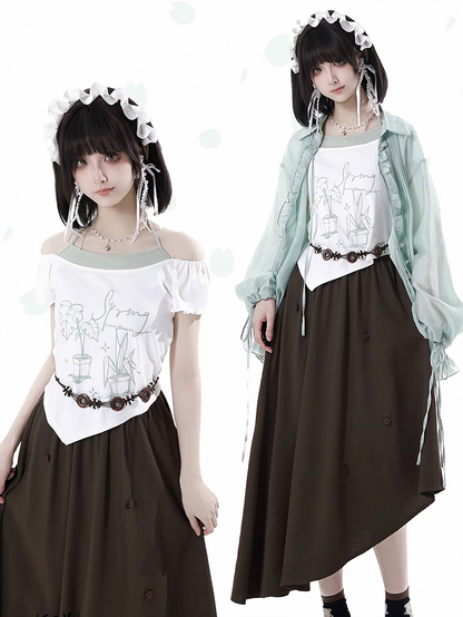 Off-the-shoulder Neckline White Graphic T-shirt Faux Two-pieces