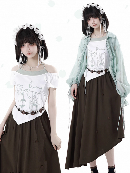 Off-the-shoulder Neckline White Graphic T-shirt Faux Two-pieces