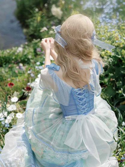 Oil Painting Water Lily Print Sky Blue Square Neckline and Flutter Sleeves One Piece