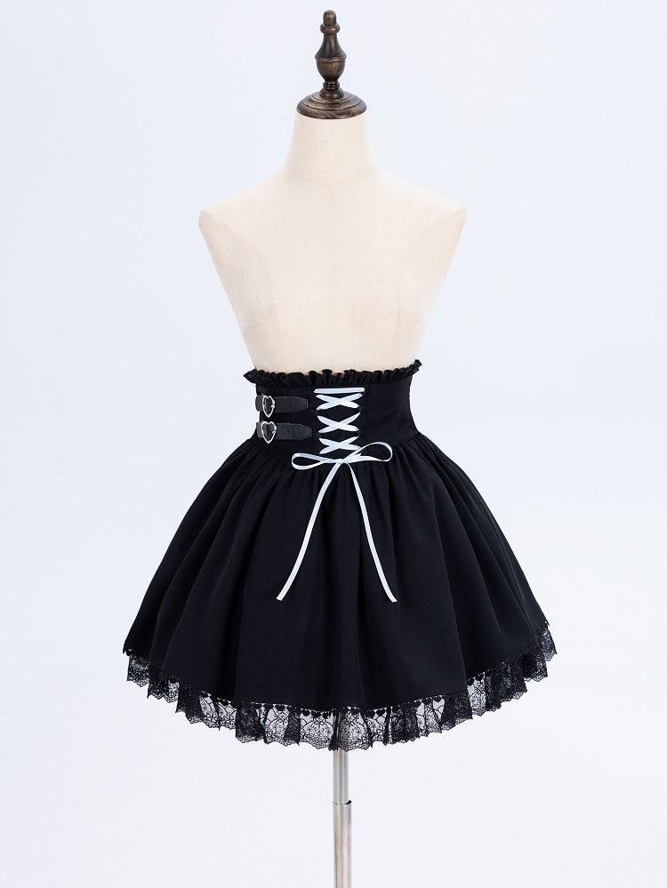 Jirai Kei High Waist Black Skirt Shirring Back Lace-up Front