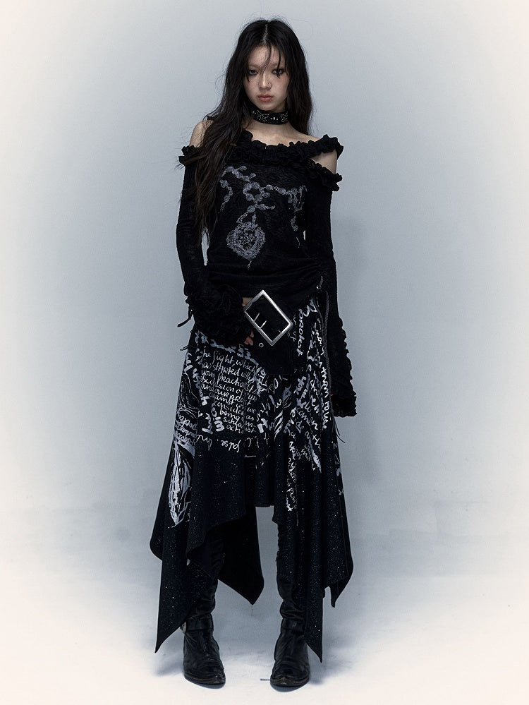 Lace-up Detail Letters Print Black Buckle Strap Design Punk Rock Strapless Dress