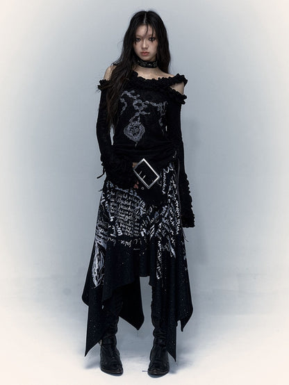 Lace-up Detail Letters Print Black Buckle Strap Design Punk Rock Strapless Dress