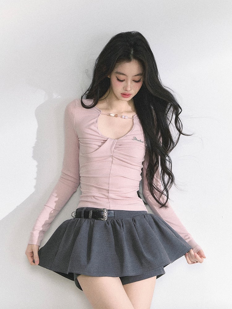 Light Pink Bead Details Neckline Ruched Design Top