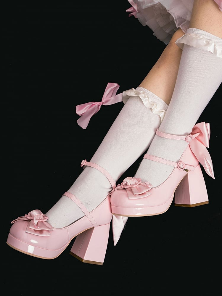 Polished Pink Bow at Top Platform High Block Heels