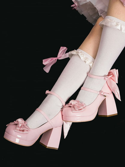 Polished Pink Bow at Top Platform High Block Heels