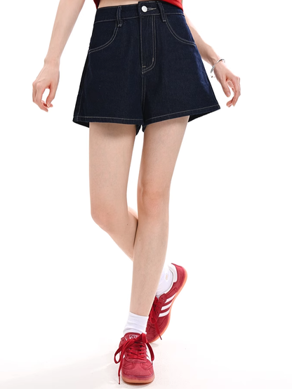 Kitty Embroidery Back Blue Wide-leg Denim Shorts