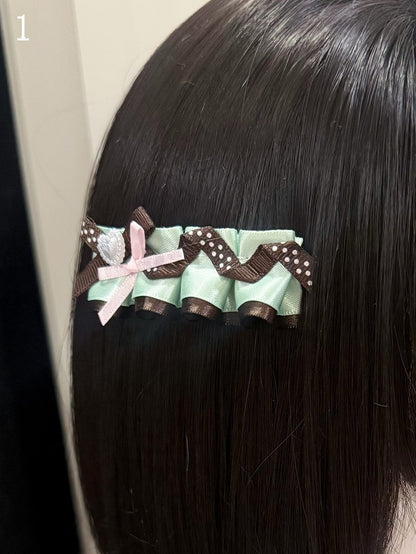 2 Options Green&Brown Rhinestone Heart Decorated Ruffled Bowknot Hairclip