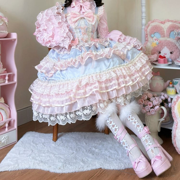 Blue Bead Chain Bows Decorated Hanayome Lolita Princess Dress