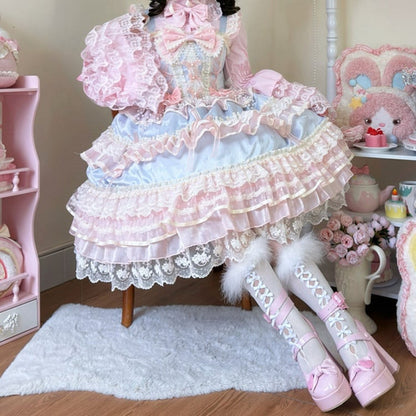 Blue Bead Chain Bows Decorated Hanayome Lolita Princess Dress