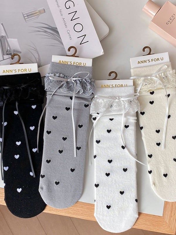 Black/White/Yellow/Gray Heart Print Bowknot Details Lace Ruffled Cuffs Calf Socks