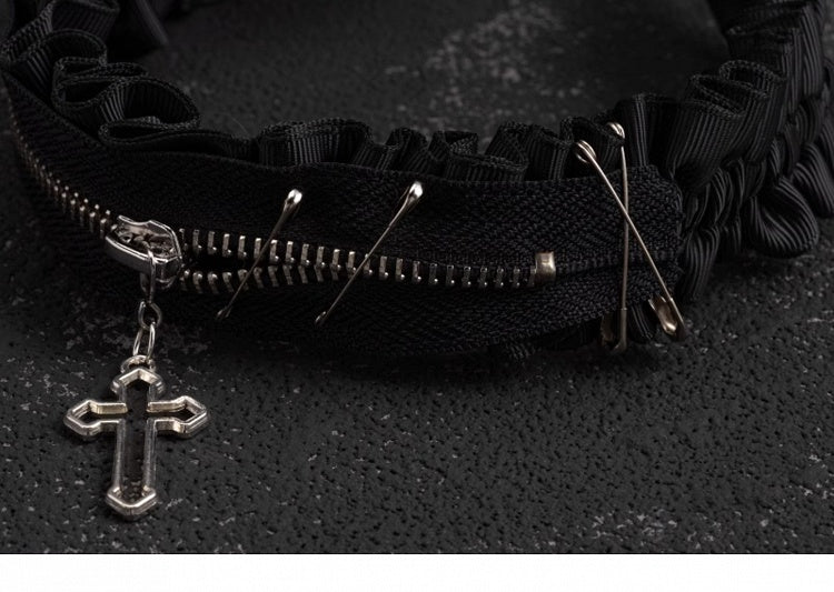 Gothic Cross Zip Decorated Black Ruffled KC