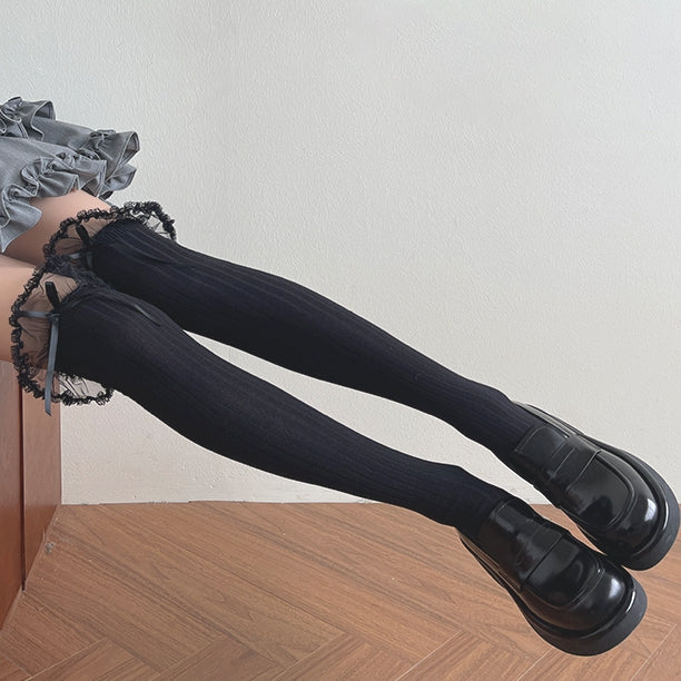 White/Black Lace Trim Lolita Over-Knee Stockings