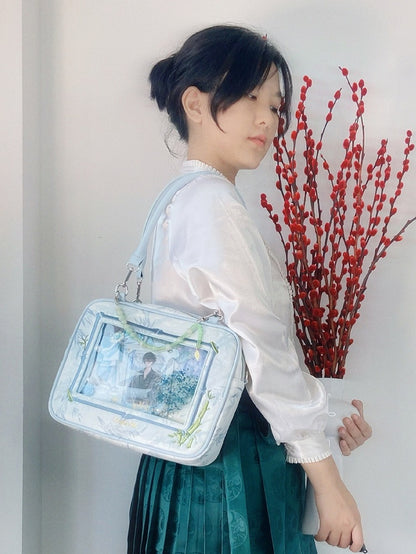 Light Blue Bamboo Leaf Pattern Cheongsam Style Ita Shoulder Bag with Detachable Beaded Chain