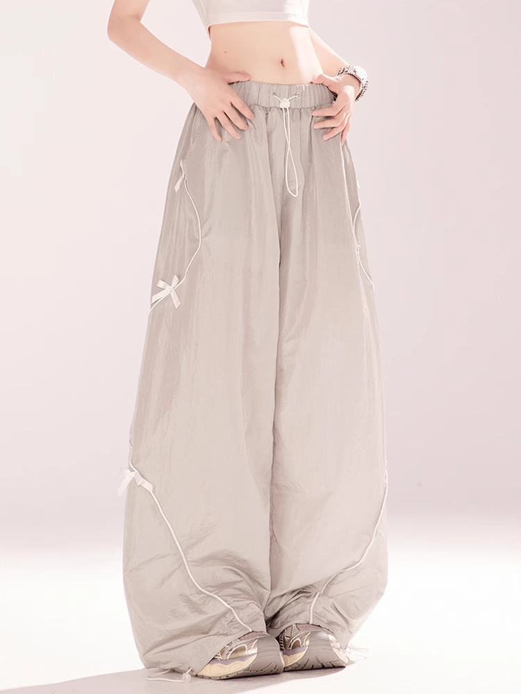 Gray Drawstring Waist and Cuffs Bowknot Details Wide-leg Casual Pants