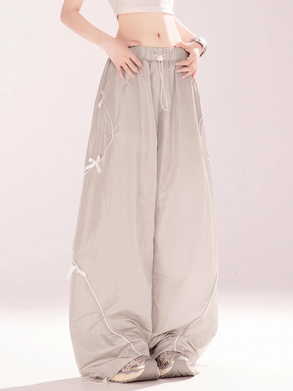 Gray Drawstring Waist and Cuffs Bowknot Details Wide-leg Casual Pants
