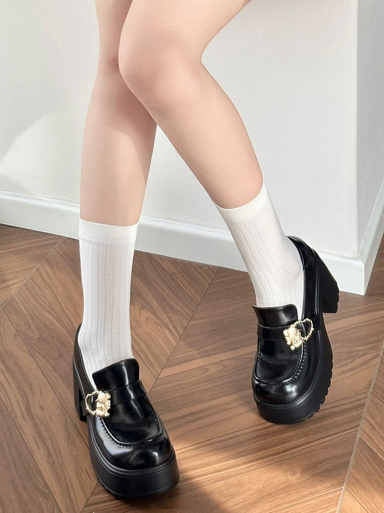 Matte Black Hugging Bear Heart Buckles Platform High Block Heels Slipons