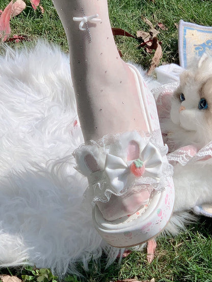 White Sweet Lolita Bow Accents Lace Trim Plush Bunny Ear Platform Slippers