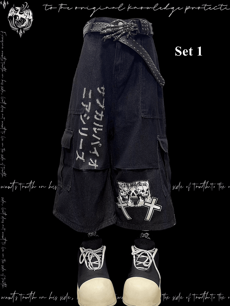 Dark Blue Skeleton and Cross Applique Punk Wide-Leg Cargo Jeans
