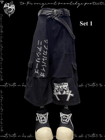 Dark Blue Skeleton and Cross Applique Punk Wide-Leg Cargo Jeans