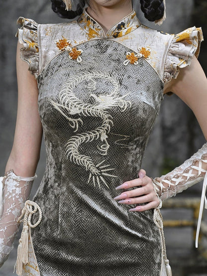 Summer New Arrival Dragon Embroidery Goth Qipao Dress Dusty Green and Yellow