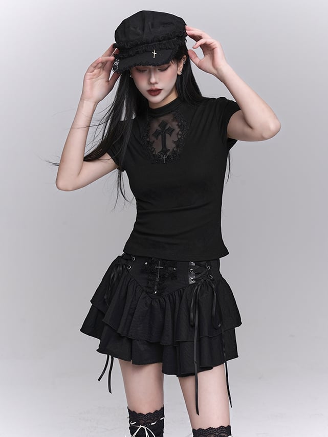 Black Coffin-shaped Cutout Cross Applique T-Shirt