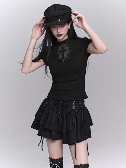 Black Coffin-shaped Cutout Cross Applique T-Shirt