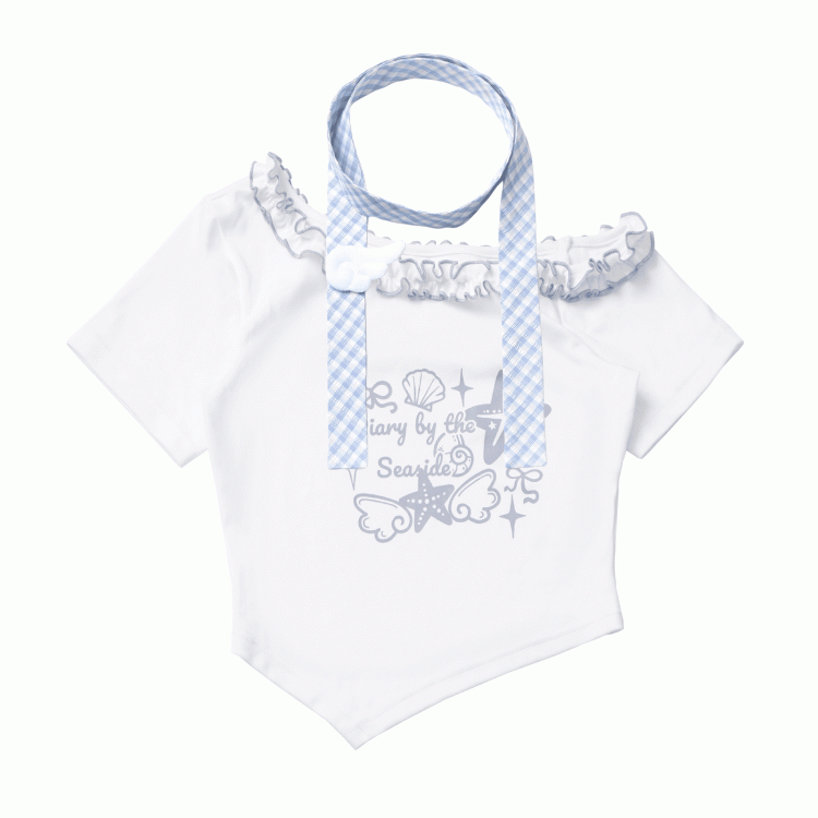 Pink/Baby Blue Starfish and Seashell Print Ruffled Asymmetrical Neckline T-shirt with Plaid Scarf