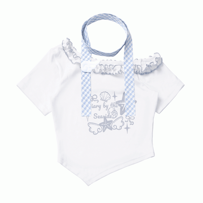 Pink/Baby Blue Starfish and Seashell Print Ruffled Asymmetrical Neckline T-shirt with Plaid Scarf