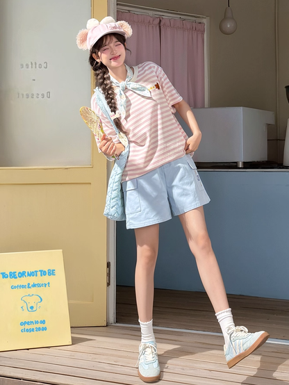 Blue High Waist Wide-leg Casual Shorts