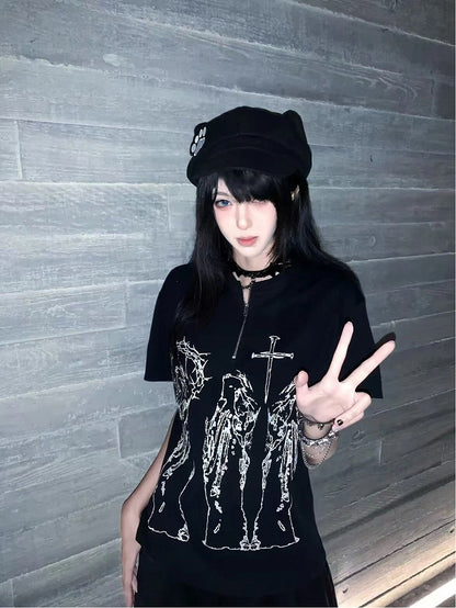 Alt Fashion Black T-Shirt with Cross Religious Figure Print