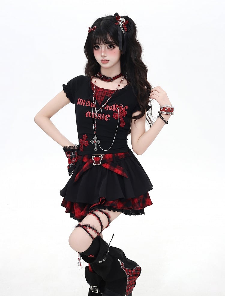 Y2K Red and Black Plaid Criss-cross Design Lace Trim Tiered Skirt