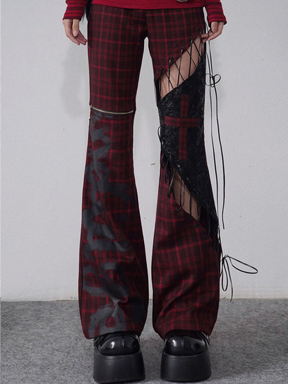 Lace-up Detail Red and Black Plaid Punk Rock Cutout Pants