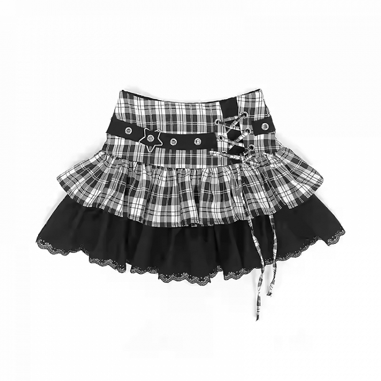 Y2K Black & Pink/Black & White Plaid Star Buckle Tiered Skirt with Lace-up Detail