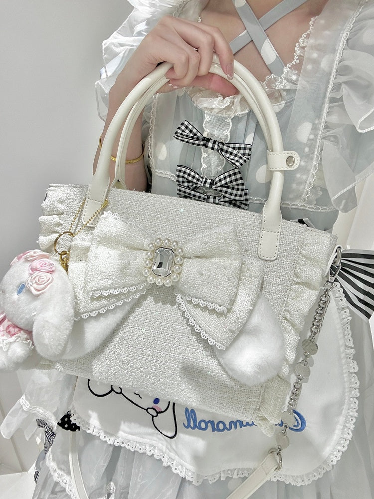 White Triple-Carry Handbag with Ruffles Trim in Elegant Lolita - Beaded And Rhinestone Heart Charm & Plush Bunny Ear Bow