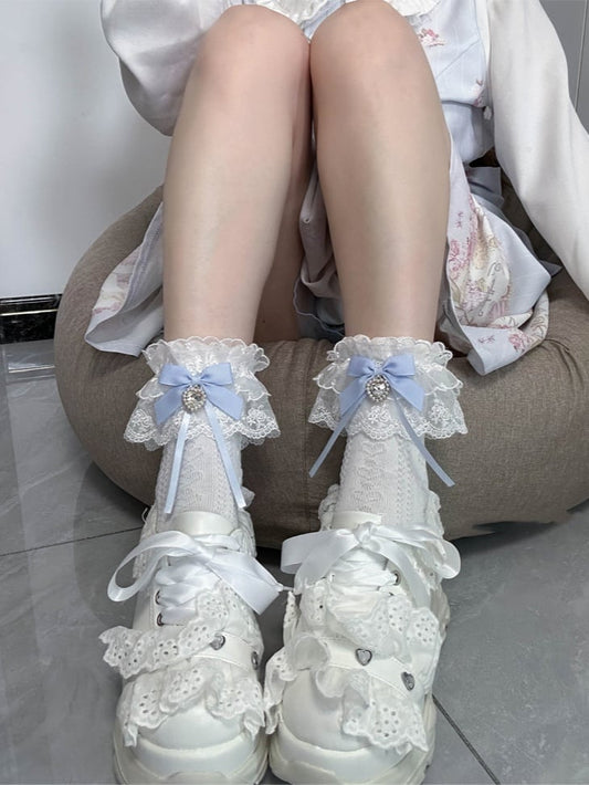 Jirai Kei Blue Bowknot and Heart Rhinestone Decoration Lace Cuffs White Cotton Ankle Socks