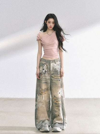 Navy Blue/Pink Asymmetrical Neckline Slim-fitting T-shirt